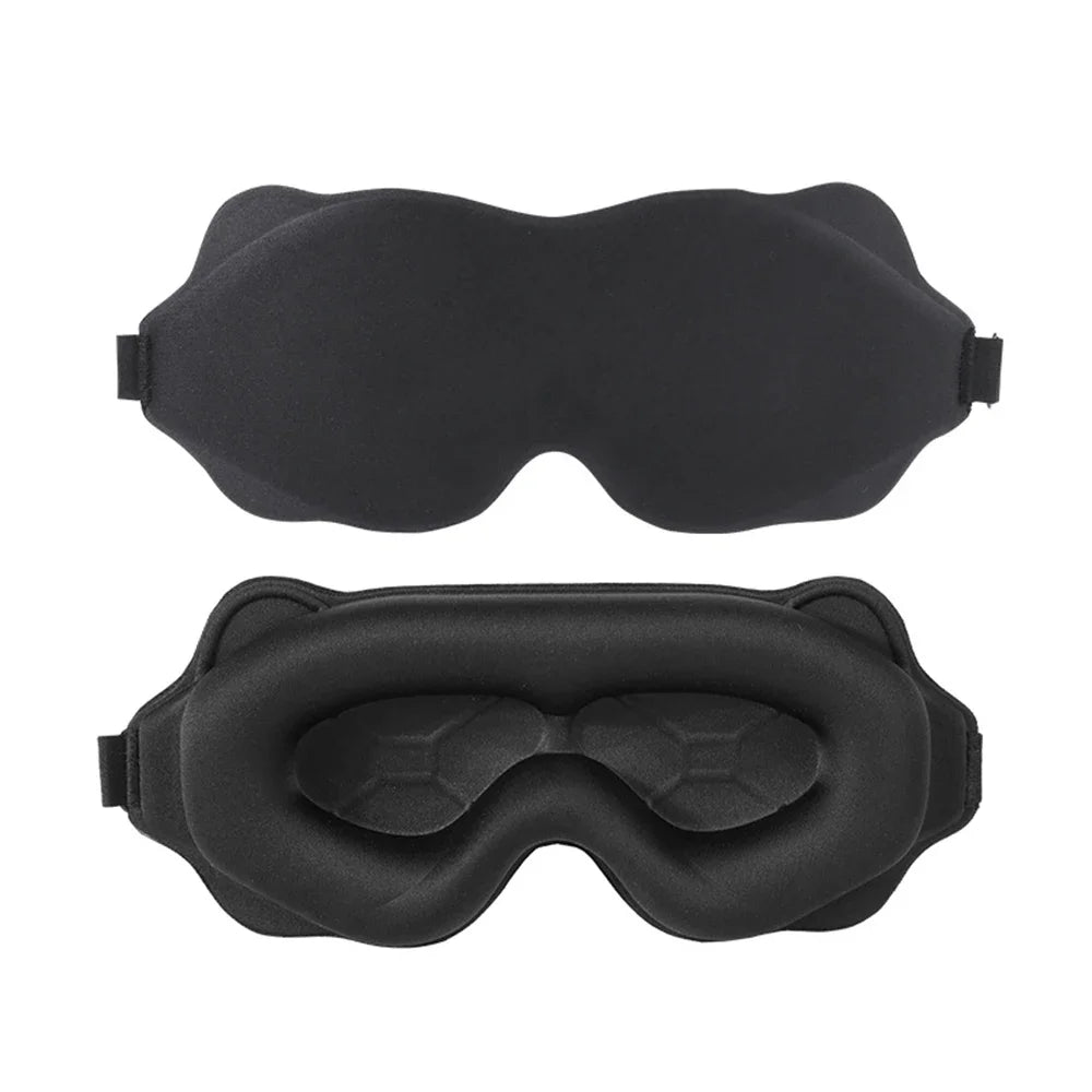 Clockout 3D sleep mask in black, front and back view