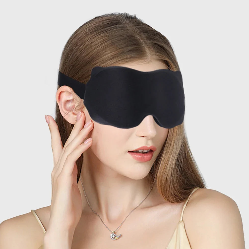 Woman wearing the Clockout 3D sleep mask