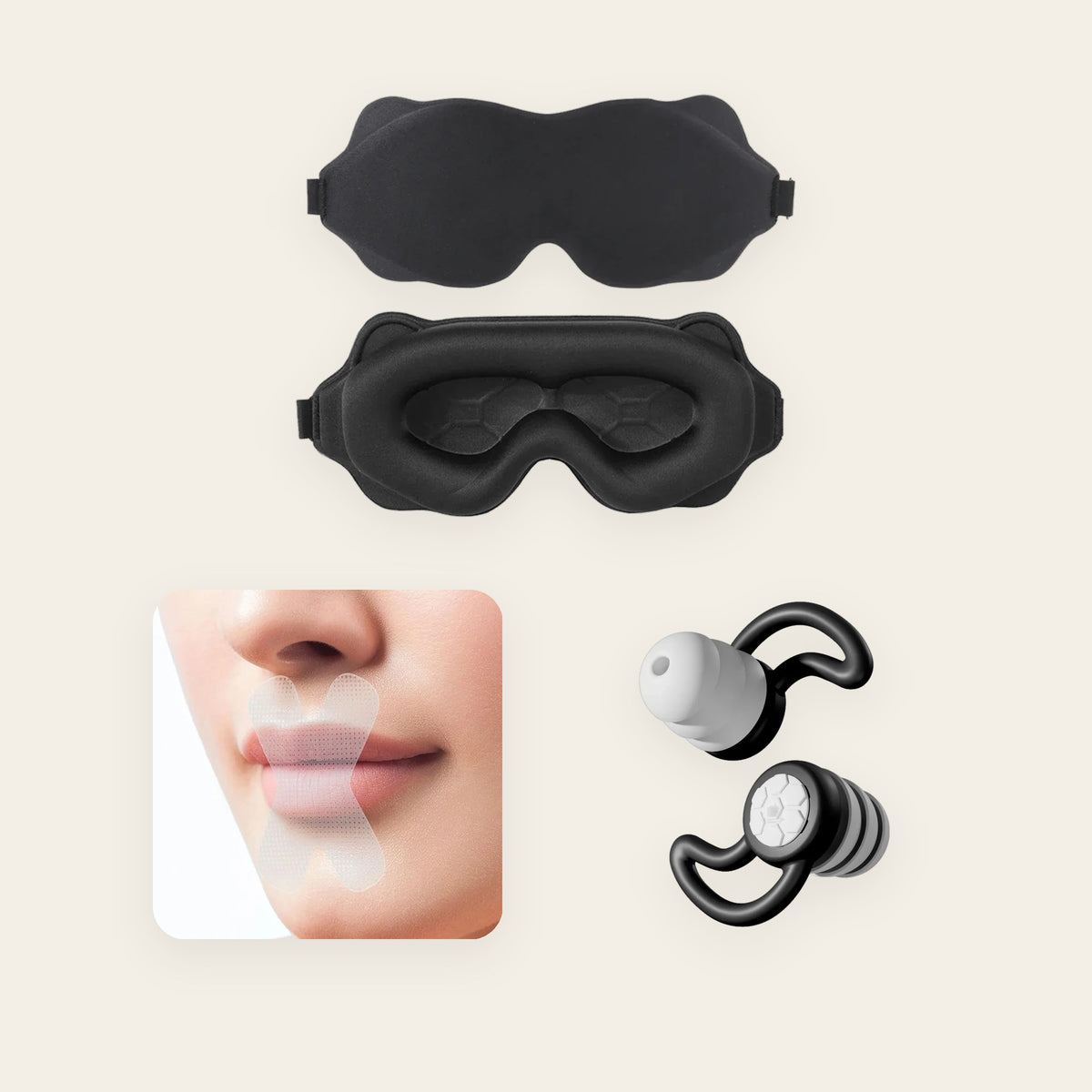 Clockout sleep kit with mouth tape, black 3D sleep mask, and black earplugs